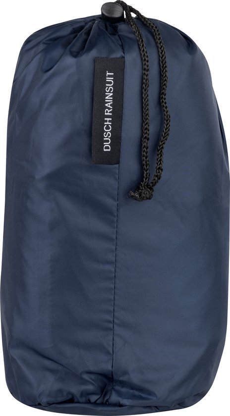 Donkerblauw opvouwbaar regenpak in een opbergzakje met trekkoord.