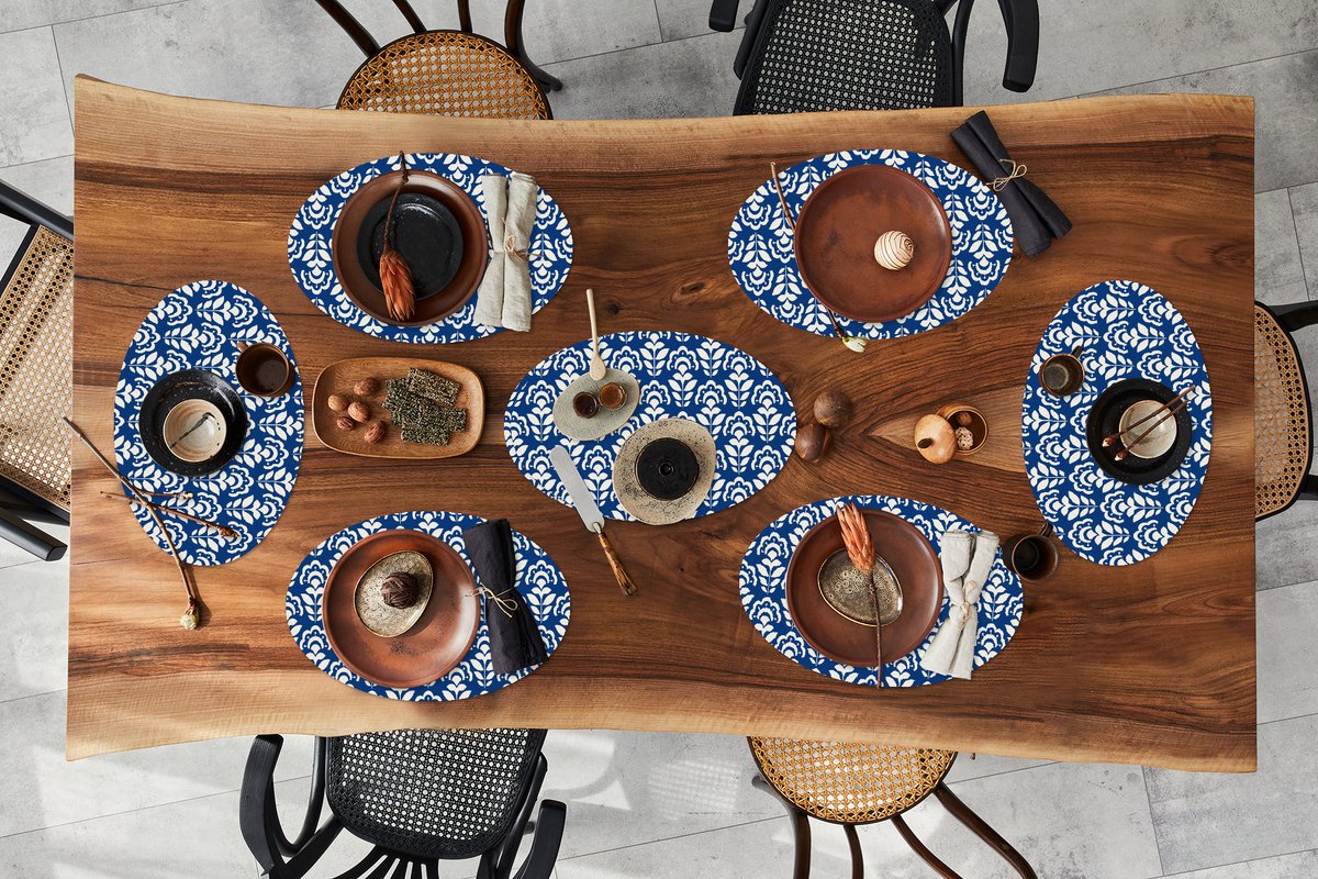Placemats ovaal - Onderleggers - Ovale placemats - Zonnebloem - Blauw - Design - 8 stuks