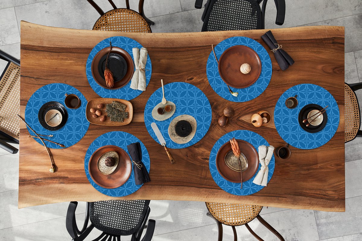 Ronde placemats - Onderlegger - Placemats rond - Kompas - Blauw - Patronen - 8 stuks