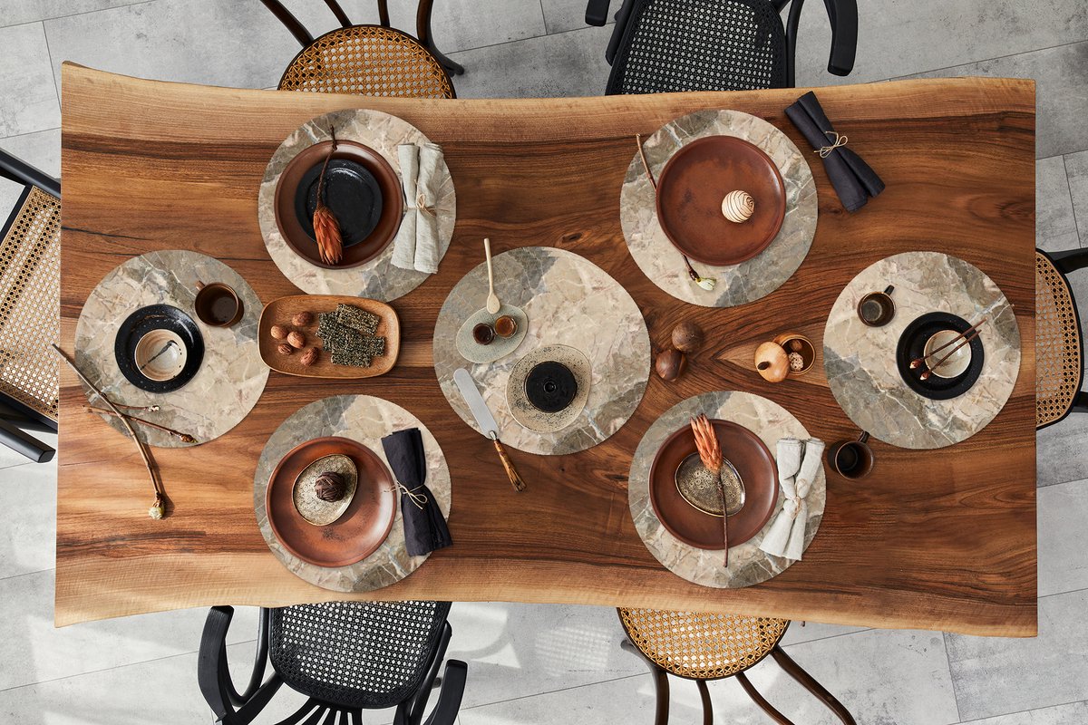 Ronde placemats - Onderlegger - Placemats rond - Graniet print - Geel - Bruin - Keien - 10 stuks