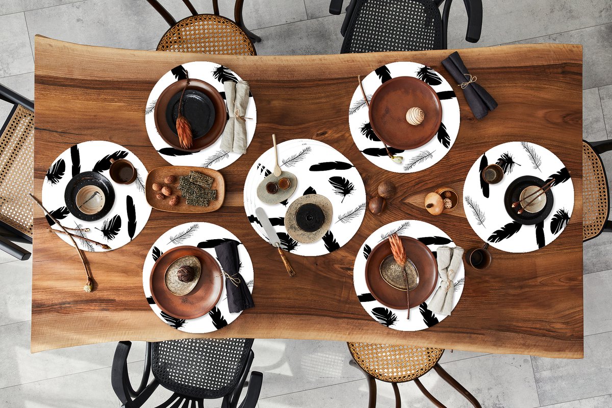 Ronde placemats - Onderlegger - Placemats rond - Veren - Zwart Wit - Patroon - 10 stuks