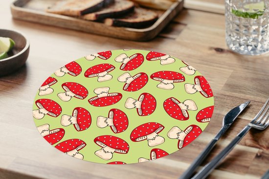 Sets de table ronds - Dessous de verre - Napperons ronds - Champignon - Rouge - Motifs - 8 pièces