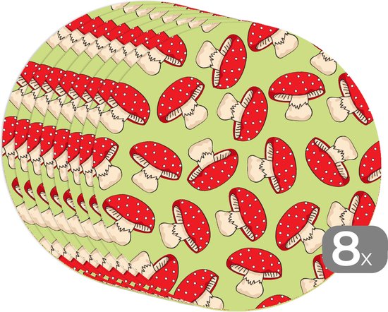 Sets de table ronds - Dessous de verre - Napperons ronds - Champignon - Rouge - Motifs - 8 pièces