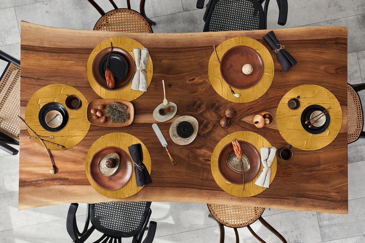 Ronde placemats - Onderlegger - Placemats rond - Verf - Patronen - Oker - 6 stuks