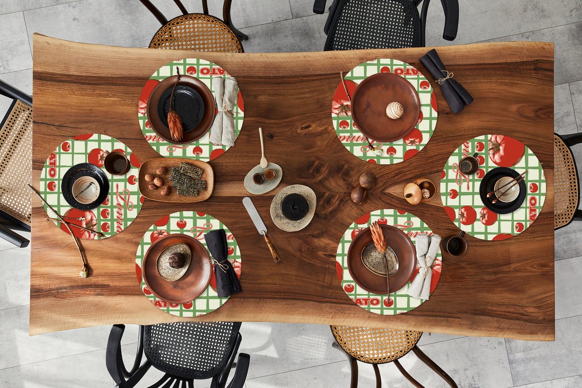 Ronde placemats - Onderlegger - Placemats rond - Tomaat - Patronen - Fruit - Vintage - 6 stuks