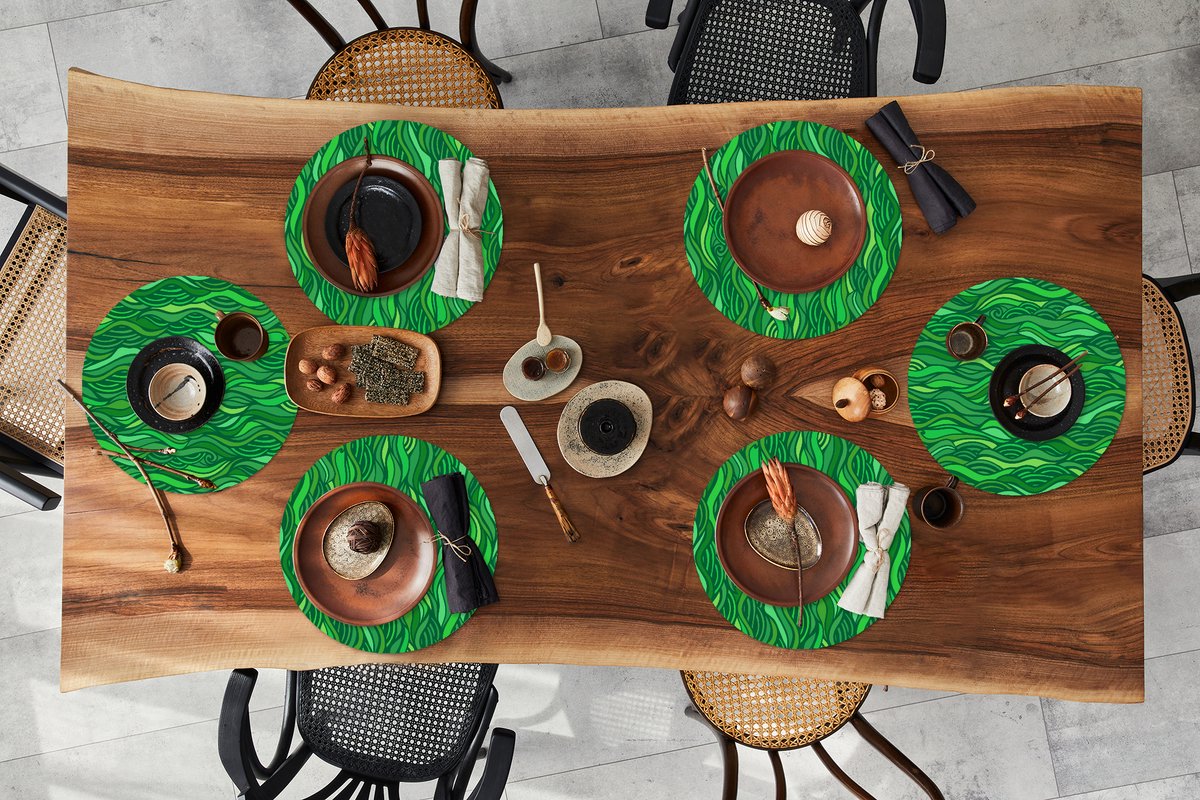 Ronde placemats - Onderlegger - Placemats rond - Zeewier - Patronen - Groen - 6 stuks