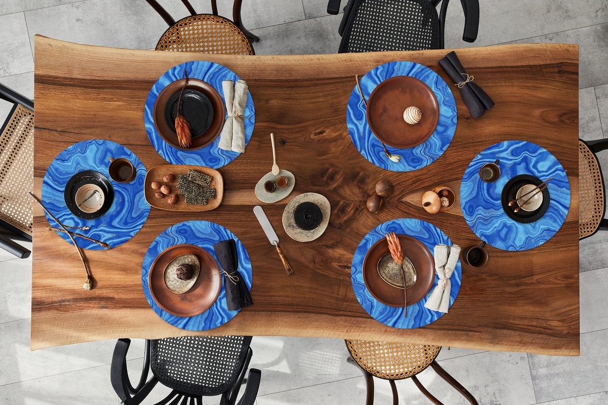 Ronde placemats - Onderlegger - Placemats rond - Marmer print - Blauw - Patroon - 6 stuks