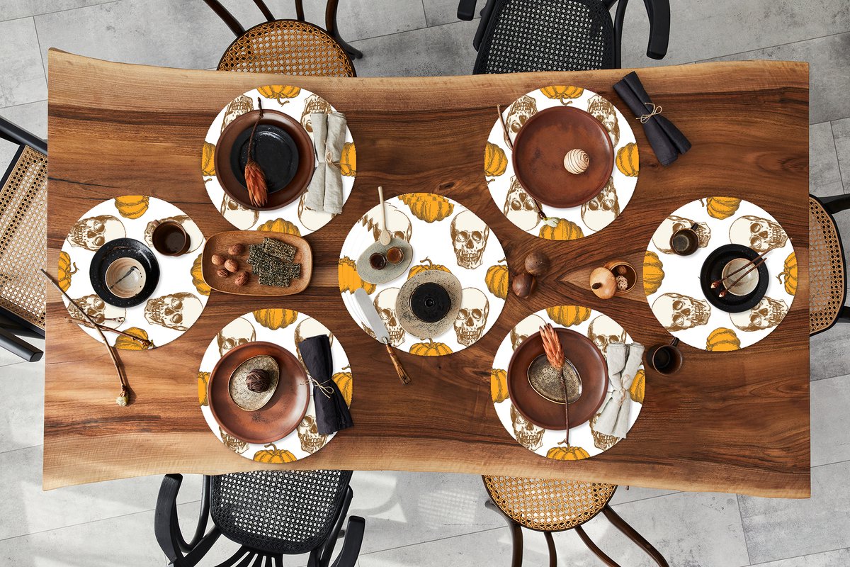 Ronde placemats - Onderlegger - Placemats rond - Patroon - Halloween - Skull - 10 stuks