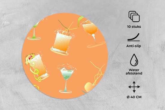 Sets de table ronds - Dessous de verre - Napperons de table ronds - Cocktail - Oranje - Design - 10 pièces