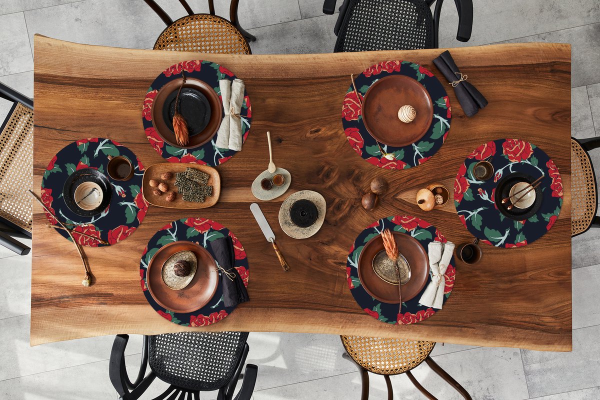 Ronde placemats - Onderlegger - Placemats rond - Rozen - Bloem - Patroon - Rood - 6 stuks