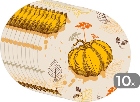 Sets de table ronds - Dessous de verre - Napperons de table ronds - Citrouille - Automne - Motifs - 10 pièces