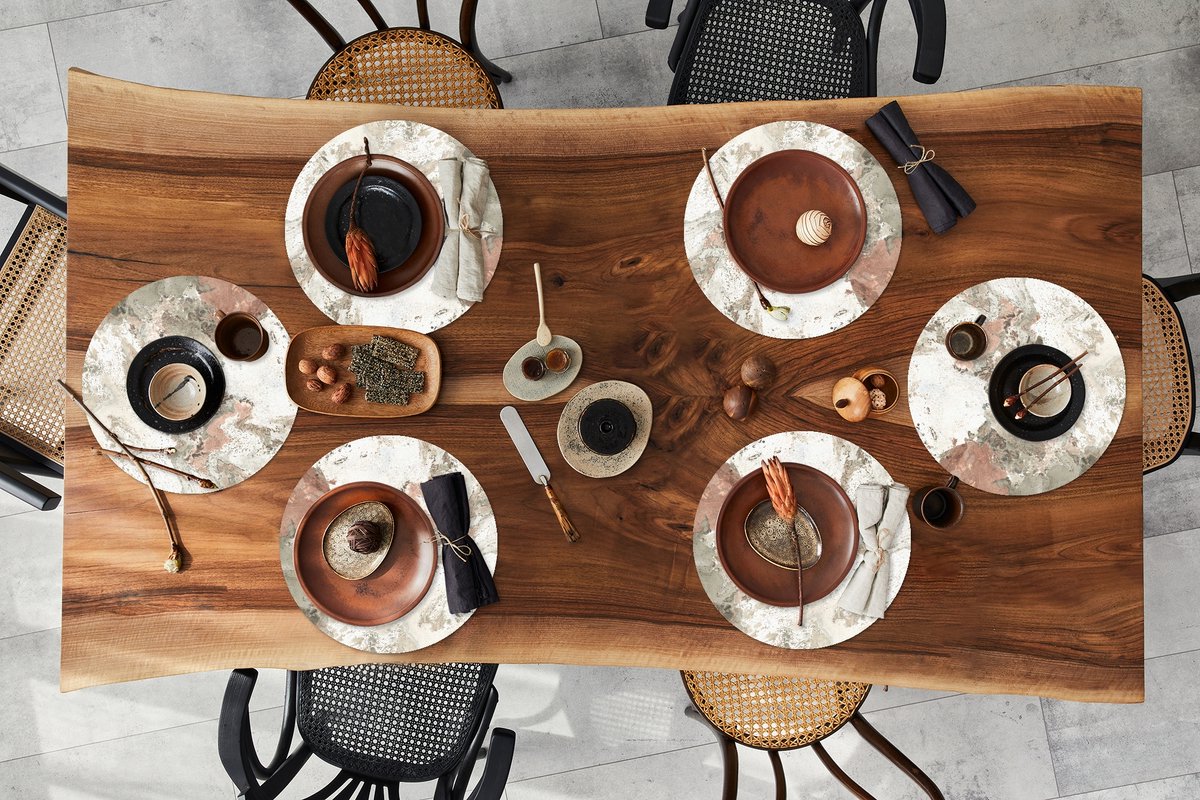 Ronde placemats - Onderlegger - Placemats rond - Wit - Kristallen - Graniet print - 6 stuks