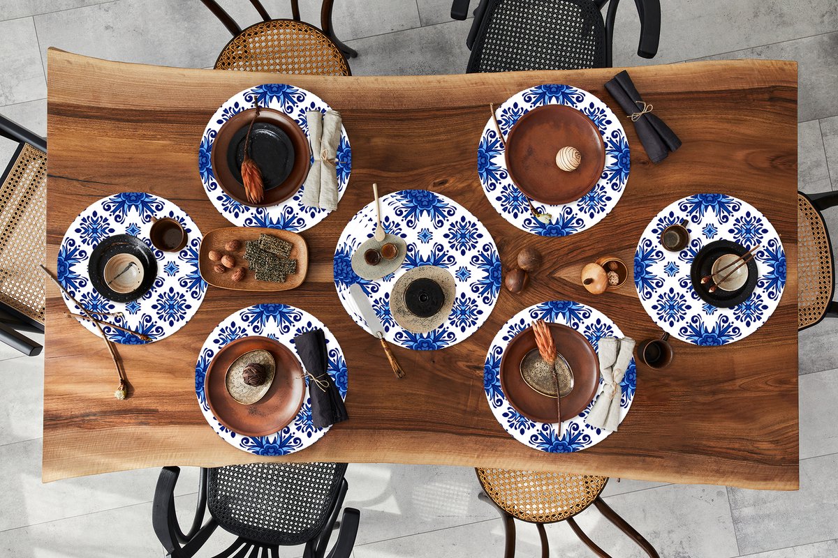 Ronde placemats - Onderlegger - Placemats rond - Tegel - Bloem - Blauw - Patroon - 10 stuks