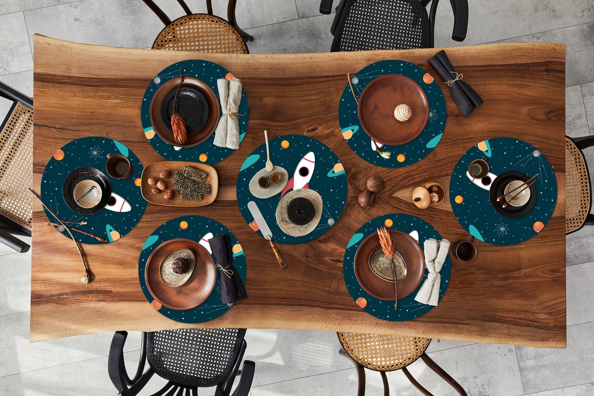 Ronde placemats - Onderlegger - Placemats rond - Raket - Ruimte - Kinderen - Design - 8 stuks