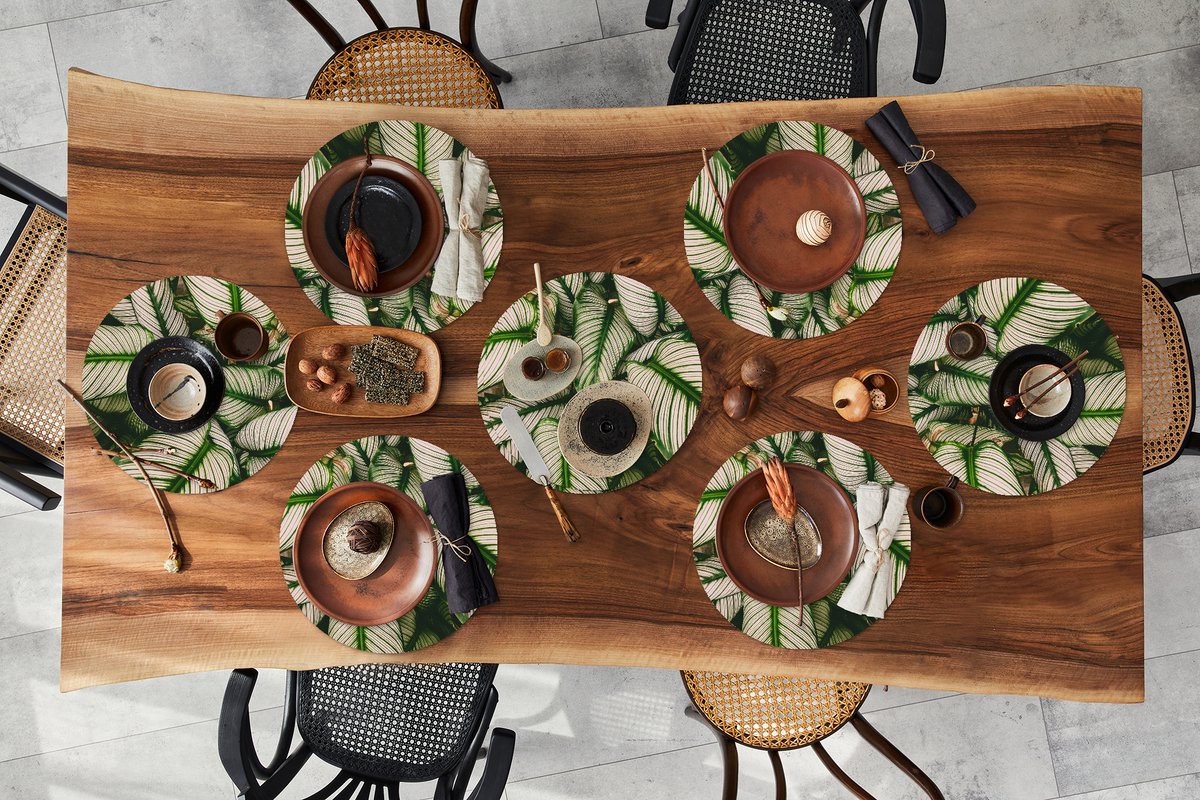 Ronde placemats - Onderlegger - Placemats rond - Bladeren - Planten - Wit - 8 stuks