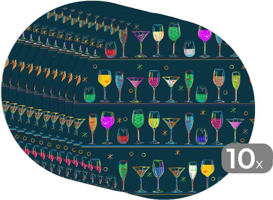 Sets de table ronds - Sous-couche - Napperons ronds - Cocktails - Bar - Néon - Design - 10 pièces