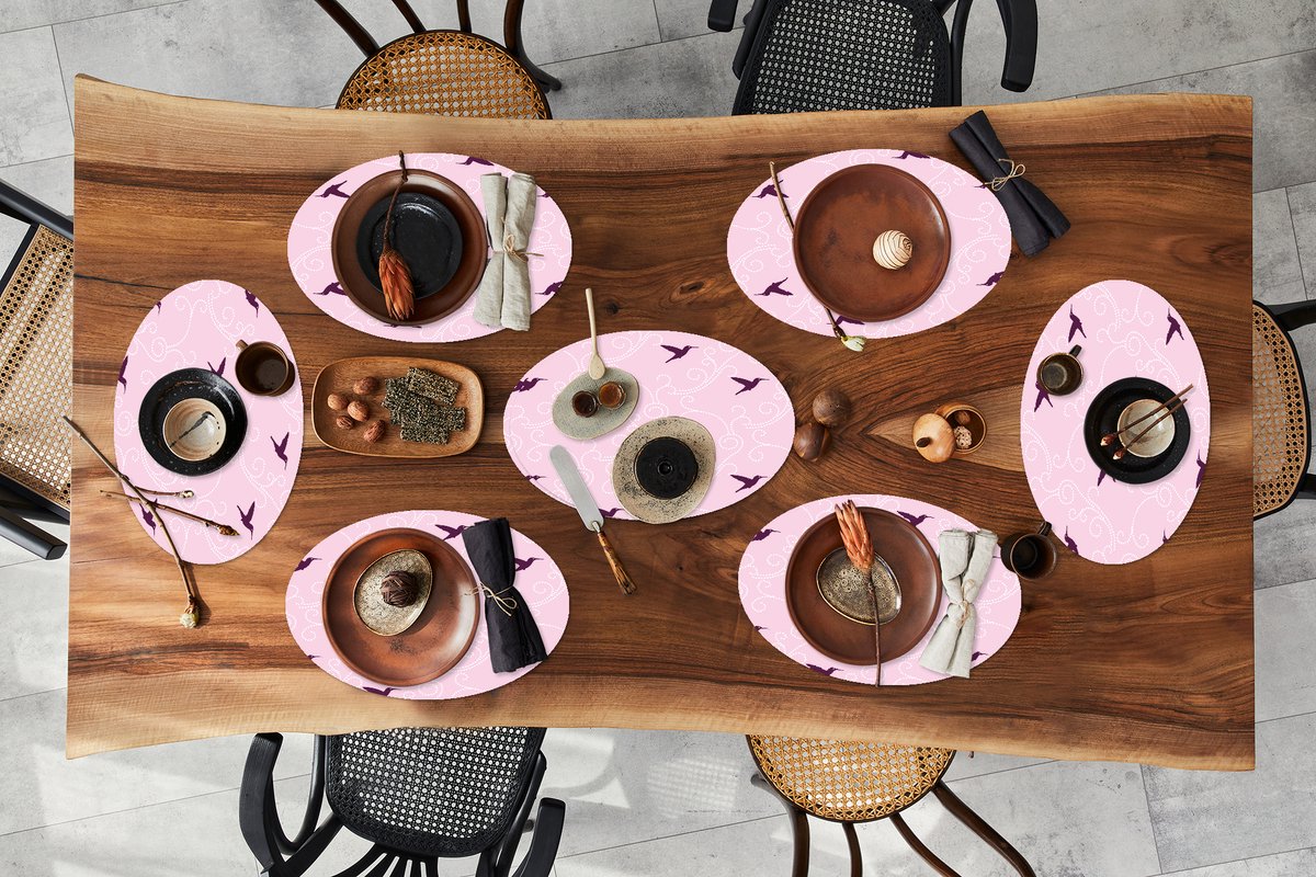 Placemats ovaal - Onderleggers - Ovale placemats - Vogel - Patronen - Roze - 8 stuks