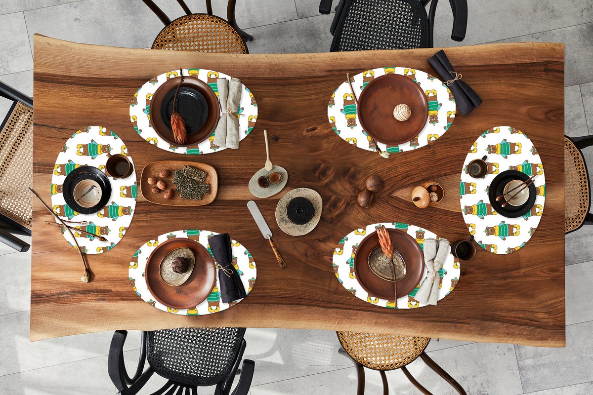 Placemats ovaal - Onderleggers - Ovale placemats - Knuffel - Beer - Patronen - 6 stuks