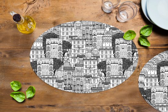 Napperons ovales - Sous-verres - Sets de table ovales - Motif - Maisons - Villes - 6 pièces