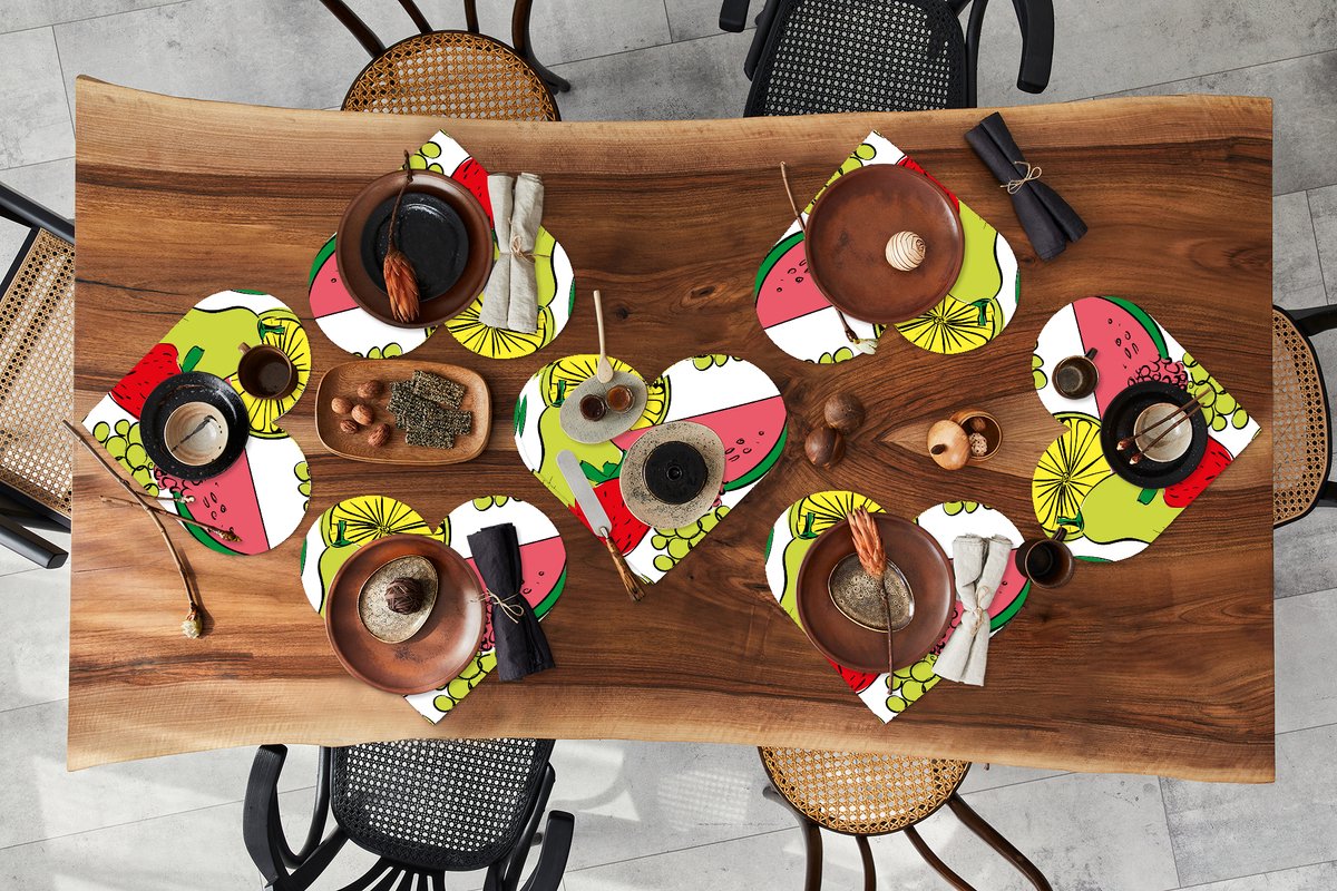 Onderleggers - Placemats - Placemats hartje - Fruit - Cartoon - Patroon - 8 stuks