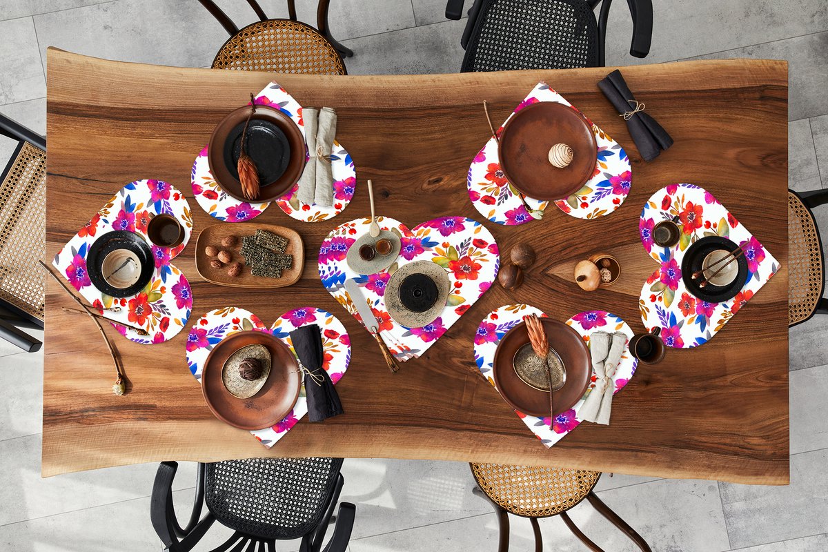 Onderleggers - Placemats - Placemats hartje - Waterverf - Bloemen - Paars - 10 stuks