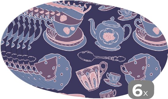 Napperons de table ovales - Dessous de verre - Sets de table ovales - Motif - Thee - Tasse - Théière - 6 pièces