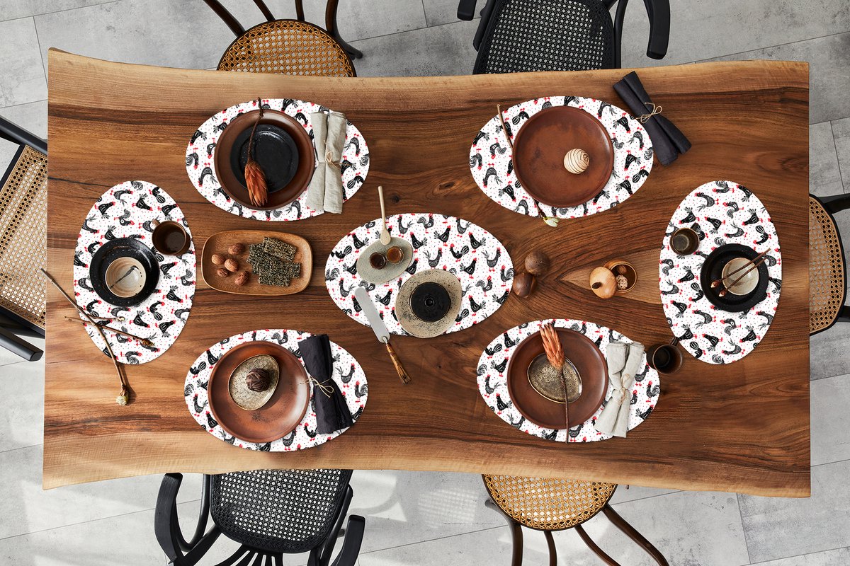 Placemats ovaal - Onderleggers - Ovale placemats - Patroon - Kip - Vogel - 8 stuks