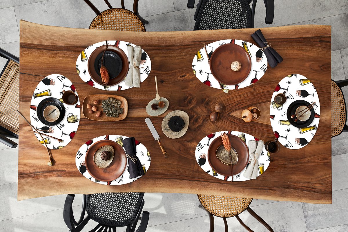 Placemats ovaal - Onderleggers - Ovale placemats - Bier - Glazen - Patroon - 6 stuks