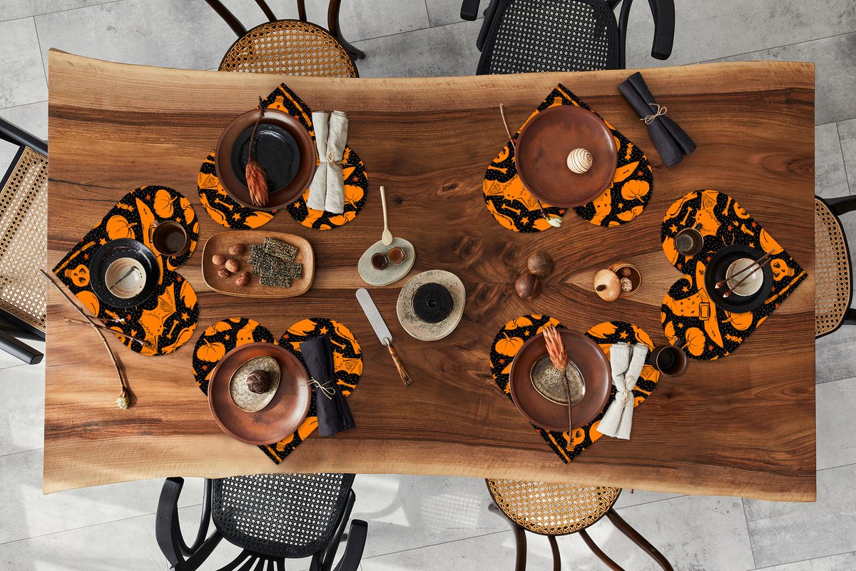 Onderleggers - Placemats - Placemats hartje - Halloween - Oranje - Patronen - 6 stuks