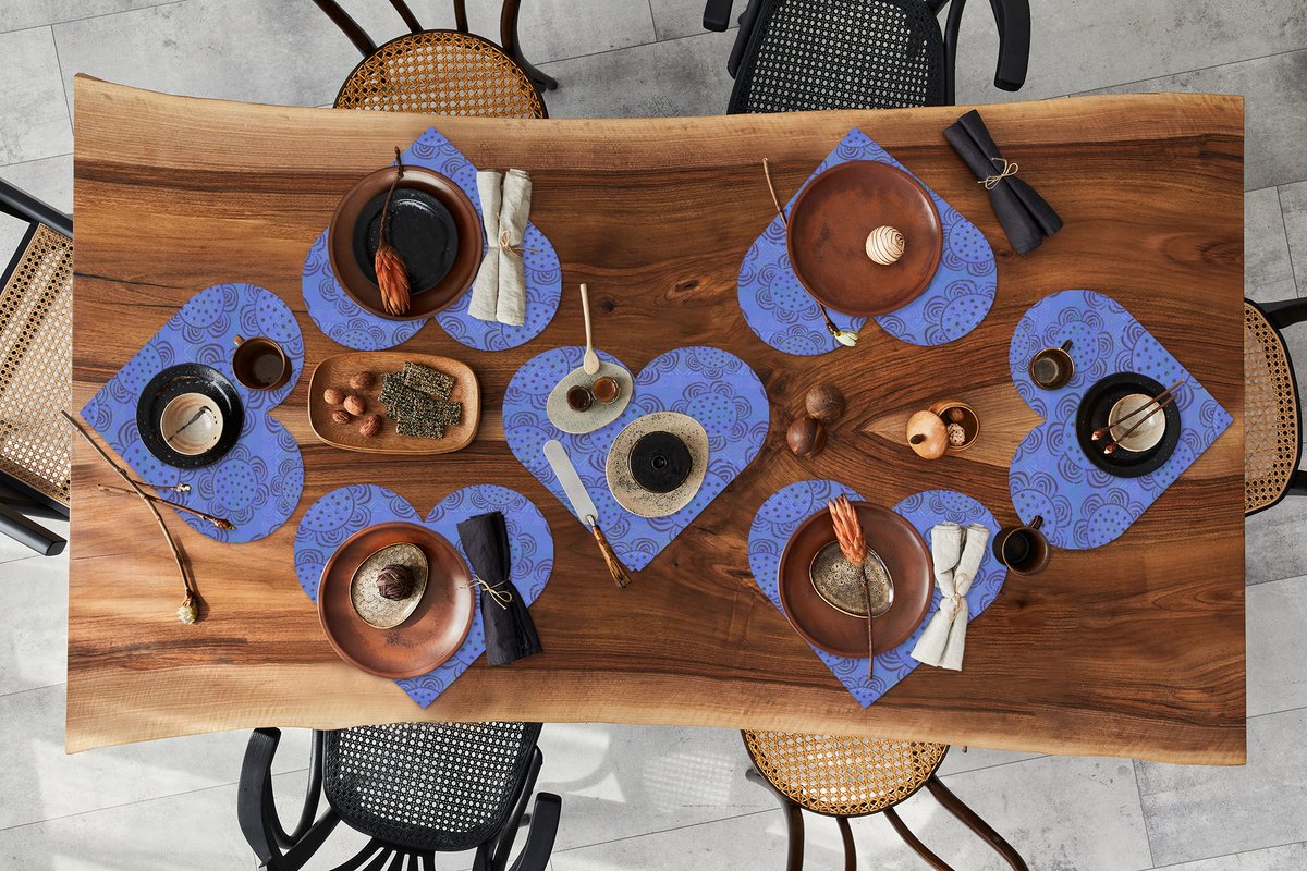Onderleggers - Placemats - Placemats hartje - Bloemen - Patronen - Blauw - 8 stuks