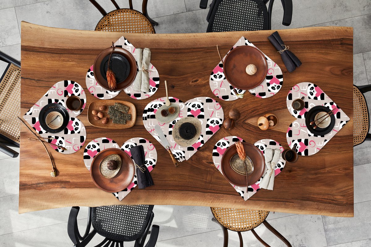 Onderleggers - Placemats - Placemats hartje - Hartjes - Panda - Patronen - 10 stuks