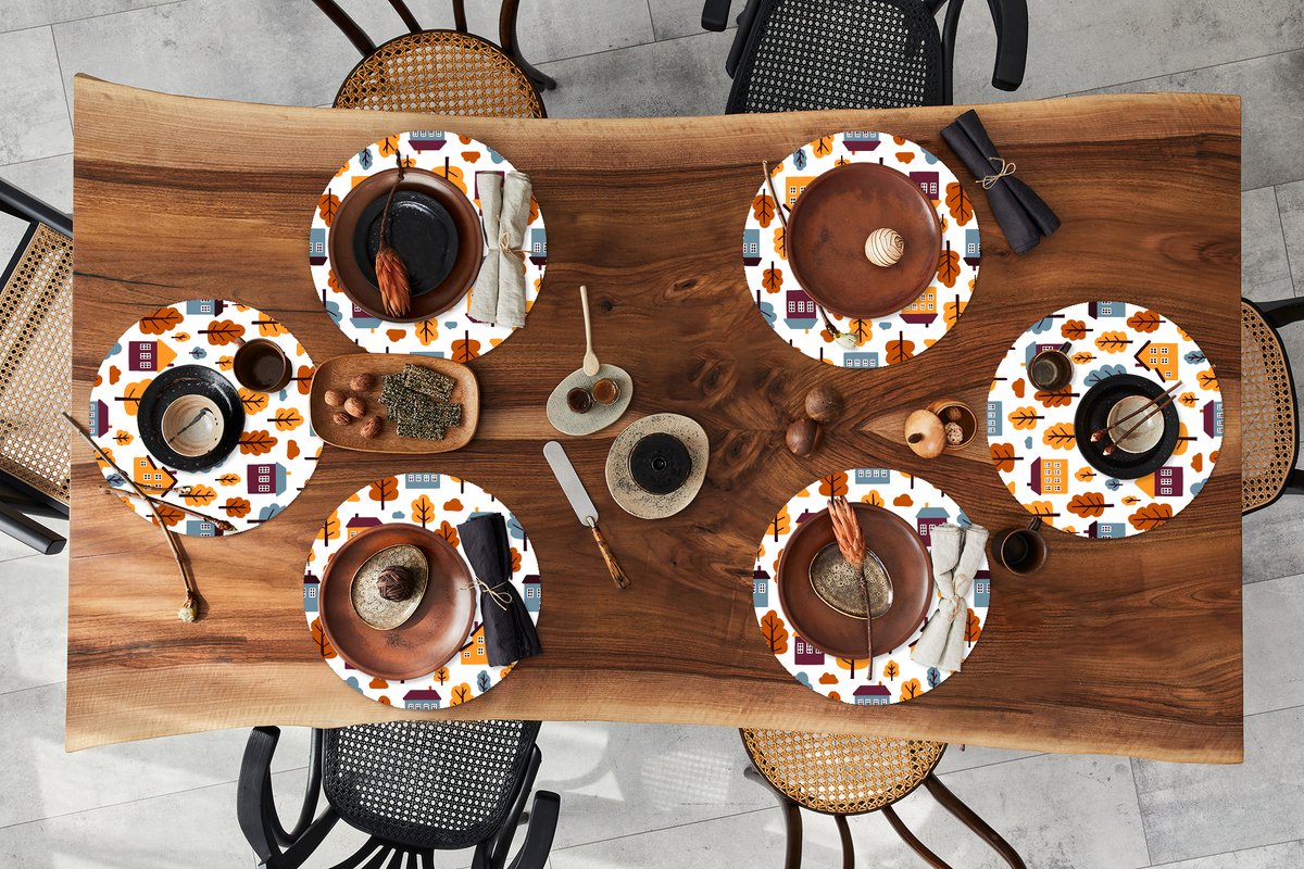Ronde placemats - Onderlegger - Placemats rond - Patronen - Huis - Bomen - 6 stuks