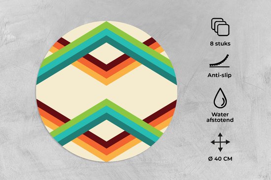 Sets de table ronds - Dessous de verre - Napperons ronds - Rétro - Rayures - Design - Seventies - 8 pièces