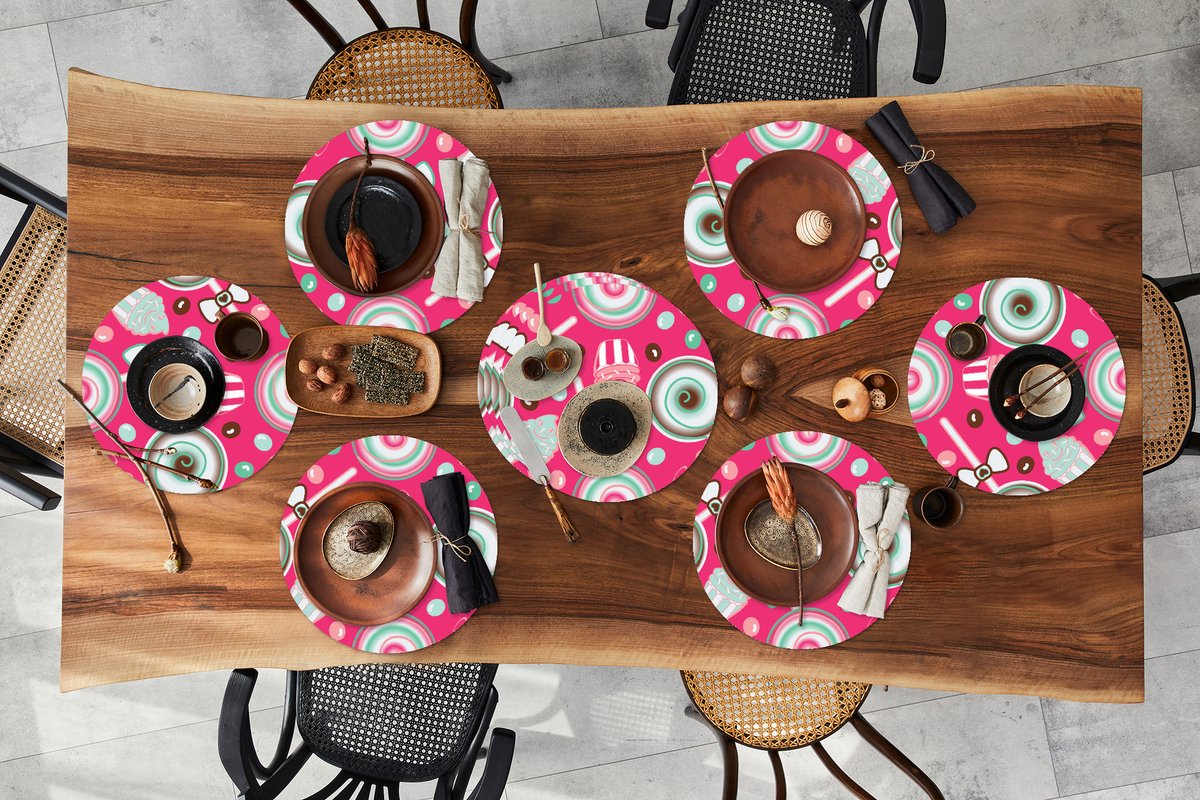 Ronde placemats - Onderlegger - Placemats rond - Design - Snoep - Candy - Roze - 10 stuks
