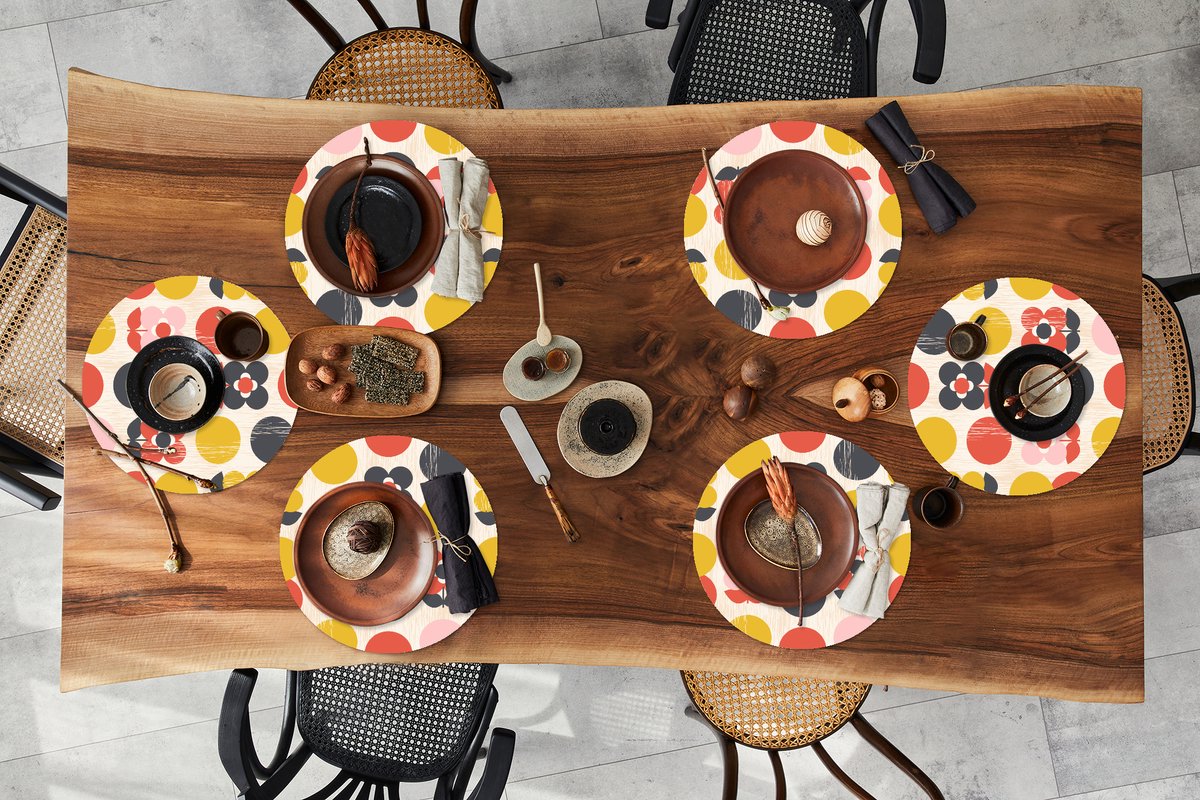 Ronde placemats - Onderlegger - Placemats rond - Retro - Design - Bloemen - Pastel - 6 stuks