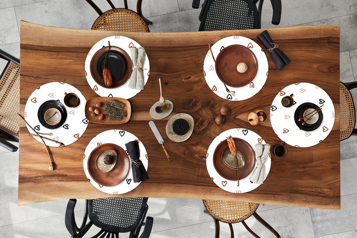 Ronde placemats - Onderlegger - Placemats rond - Valentijn - Romantisch - Hart - Patroon - 6 stuks
