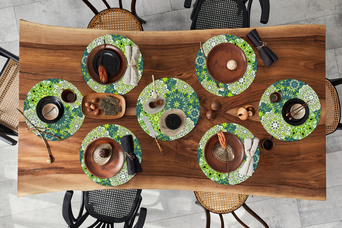 Ronde placemats - Onderlegger - Placemats rond - Mandala - Limoen - Groen - Patronen - 8 stuks