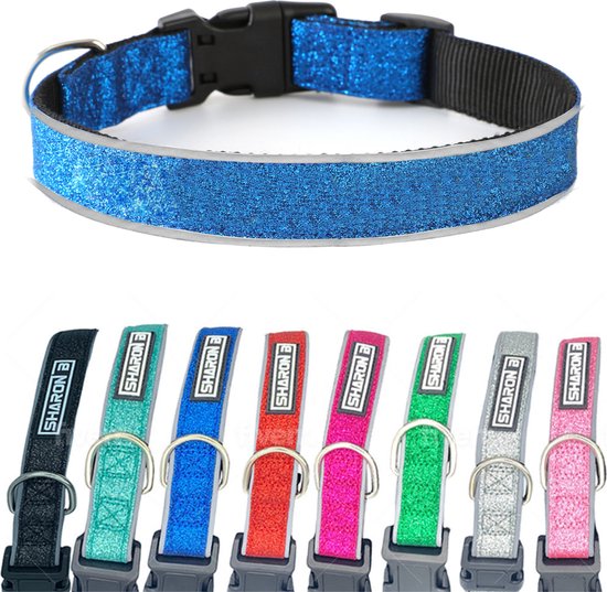 Sharon B - glitter halsband - blauw - maat XL - reflecterend - neopreen binnenvoering - hondenhalsband voor grote honden