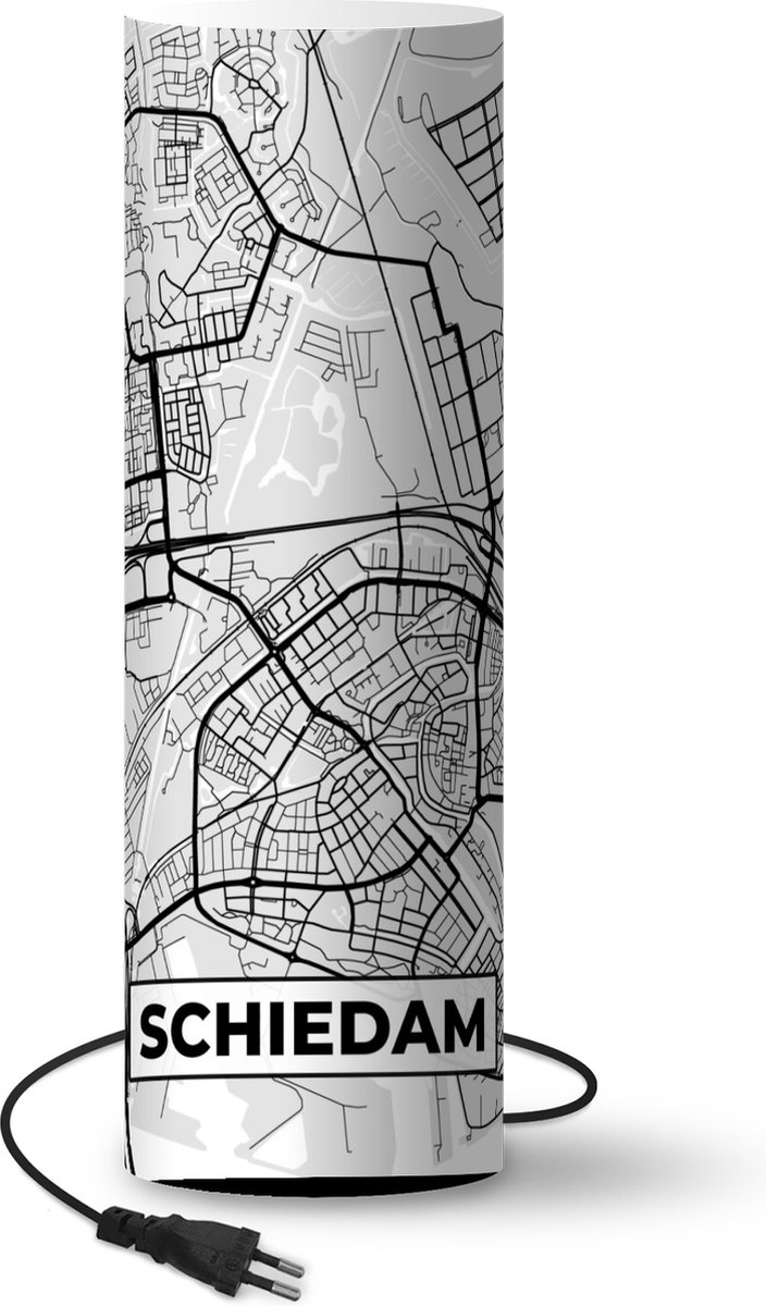 Lamp - Nachtlampje - Tafellamp slaapkamer - Stadskaart - Schiedam - Grijs - Wit - 60 cm hoog - Ø19.1 cm - Inclusief LED lamp - Plattegrond