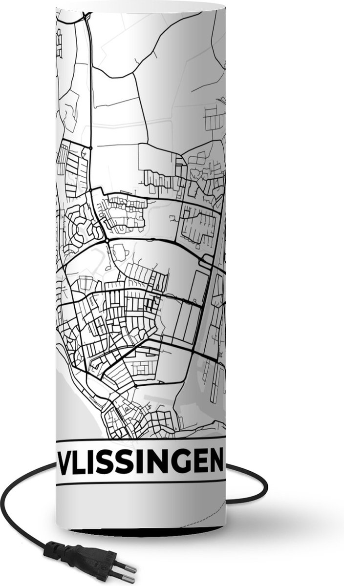 Lamp - Nachtlampje - Tafellamp slaapkamer - Kaart - Vlissingen - Zwart - Wit - 70 cm hoog - Ø22.3 cm - Inclusief LED lamp