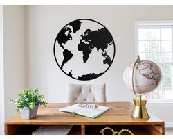 HOUTEN WANDDECORATIE / WOODEN WALL DECORATION - MUURDECORATIE / WALL ART - HOUTEN WERELDKAART - WERELDBOL / WOODEN WORLD MAP - EARTH GLOBE - 95 x 95cm - ZWART / BLACK - WANDFIGUUR / LANDEN ECHT HOUT - REAL WOOD ROND