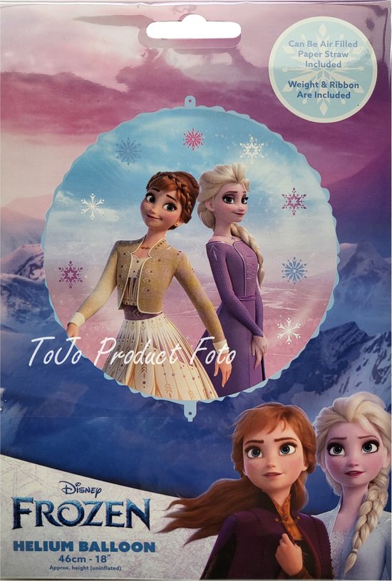 Disney Frozen Folieballon - opblaasbaar of te vullen met helium - incl. kartonnen rietje, gewichtje en lintje - 46 cm - rond - Anna - Elsa - verjaardag - ballon - versiering - kinderfeestje - meisje - party