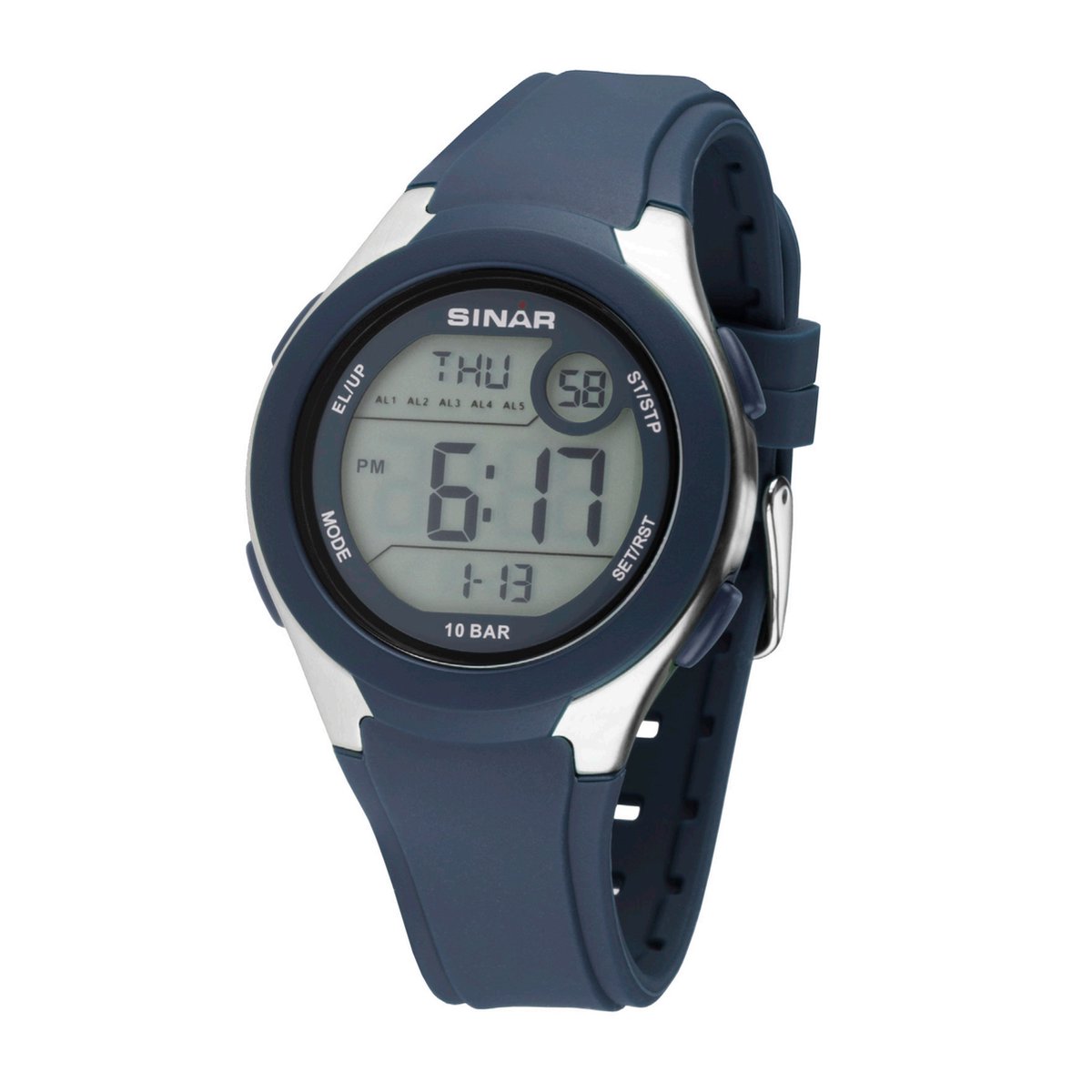 Sinar - Horloge - Heren - 10 bar Waterdicht - Digitaal - Stevig Siliconen Bandje - Verstelbaar (14,5 - 21 cm) - 5x Alarm - Timer - Stopwatch - Tweede tijdzone - EL-licht - Edelstalen sluiting - Quartz uurwerk - Blauw - XV-19-2