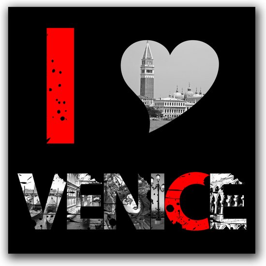 Poster / Papier - Stad / Venetië - Collage Venice in rood / wit / zwart / grijs - 60 x 60 cm