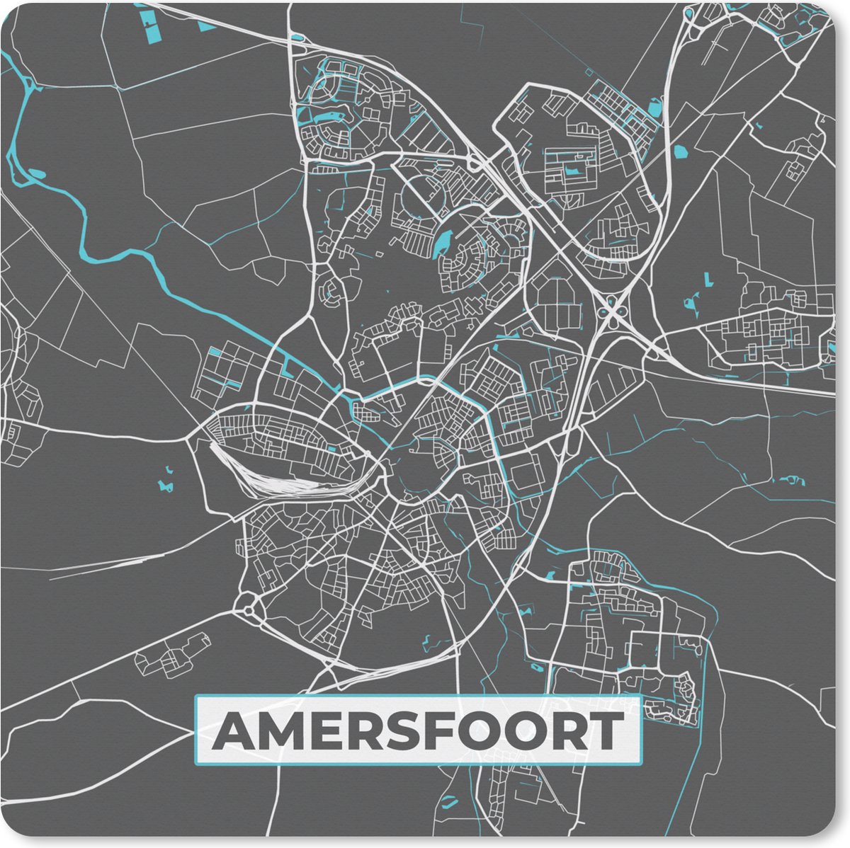 Muismat XXL 80x80 cm - Bureau onderlegger - Bureau mat Plattegrond - Amersfoort - Grijs - Blauw - Bureaumat - Gaming mousepad xl - Bureaulegger groot - Computer deskmat - Stadskaart