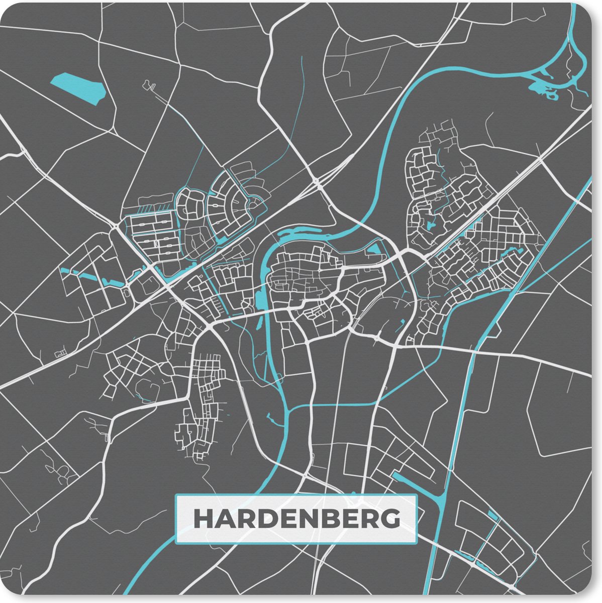 Muismat XXL 60x60 cm - Bureau onderlegger - Bureau mat Plattegrond - Hardenberg - Grijs - Blauw - Bureaumat - Gaming mousepad xl - Bureaulegger groot - Computer deskmat - Stadskaart
