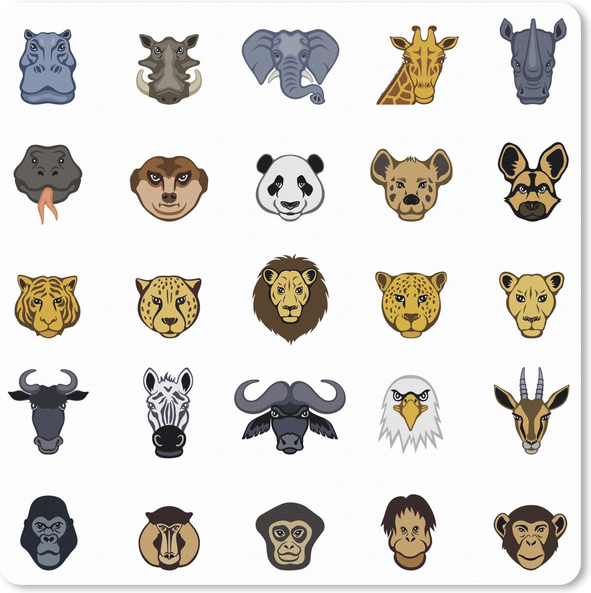 Muismat XXL 60x60 cm - Bureau onderlegger - Bureau mat Een illustratie van de big five tussen de emoji - Bureaumat - Gaming mousepad xl - Bureaulegger groot - Computer deskmat