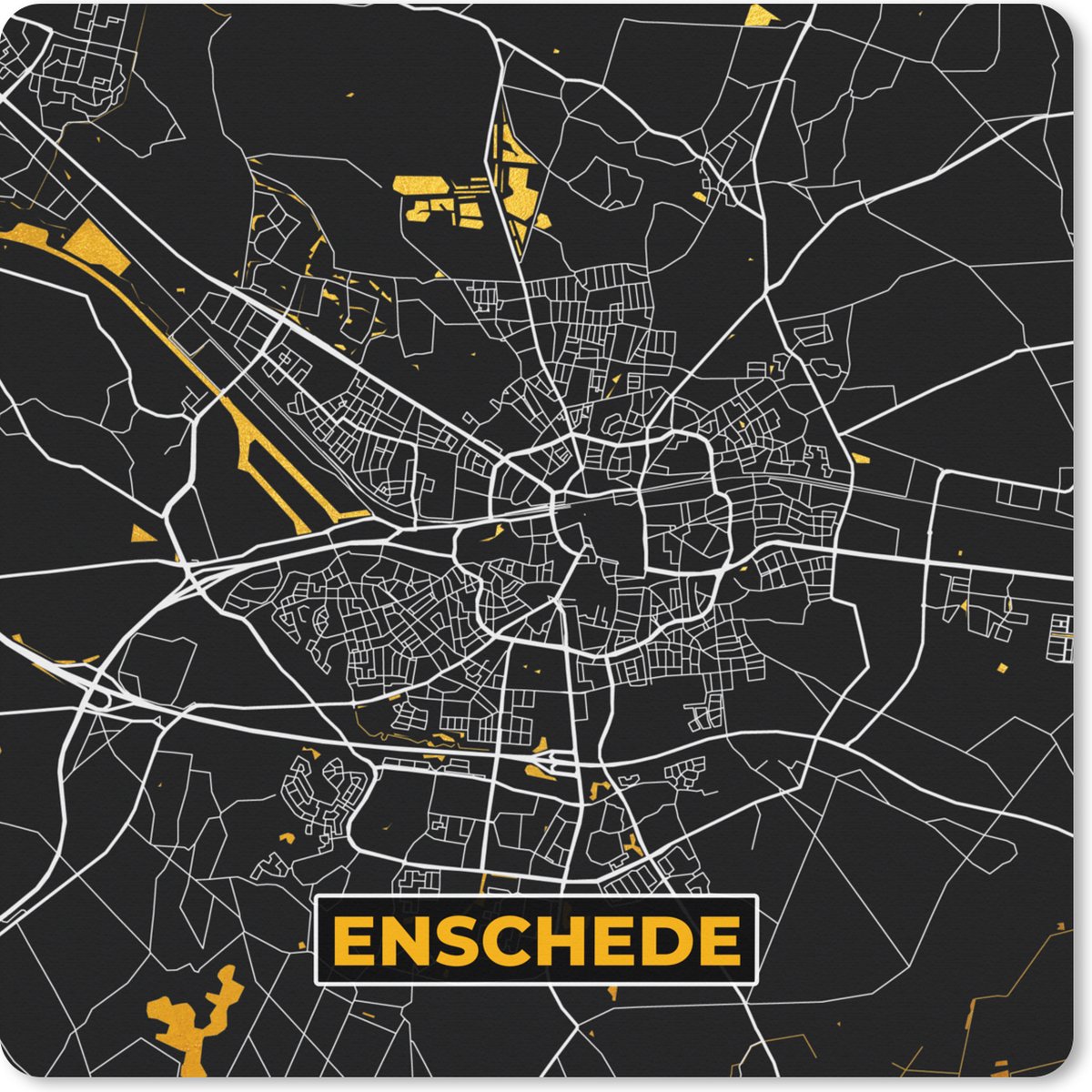 Muismat XXL 80x80 cm - Bureau onderlegger - Bureau mat Plattegrond - Enschede - Goud - Zwart - Bureaumat - Gaming mousepad xl - Bureaulegger groot - Computer deskmat - Stadskaart