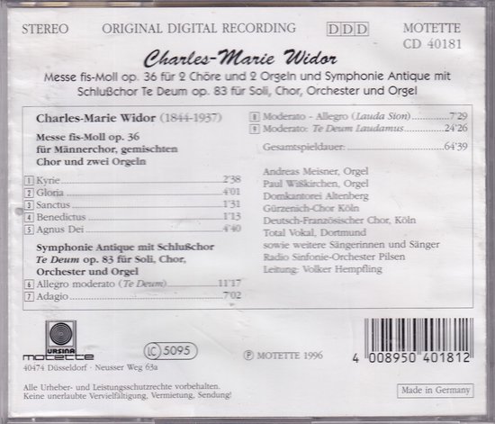 Achterkant CD hoes: Charles-Marie Widor Messe fis-Moll op. 36, Symphonie Antique op. 83. Tracklist en details.