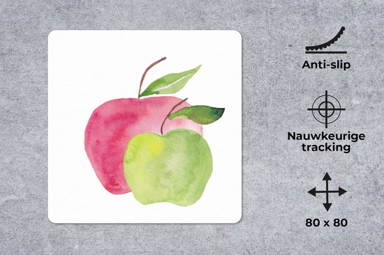 Muismat XXL 80x80 cm - Bureau onderlegger - Bureau mat Appels - Aquarel - Wit - Bureaumat - Gaming mousepad xl - Bureaulegger groot - Computer deskmat